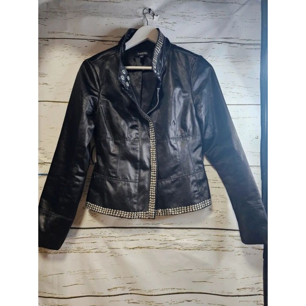 Bebe Black Studded Moto Jacket Small Y2K Faux Leather Look